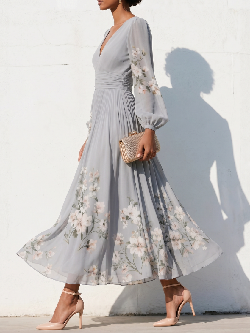FJØRNA floral print long-sleeved V-neck pleated dress with elegant design and vibrant floral pattern, perfect for sophisticated occasions.