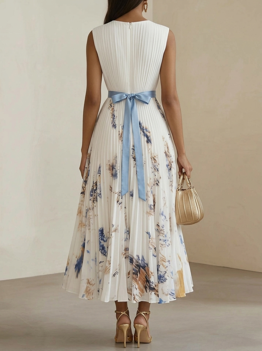 FJØRNA women's white printed V-neck sleeveless dress with pleated design, perfect for stylish summer fashion.