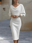 FJØRNA white dress with bat sleeves, waist-cinching design, elegant and fashionable, perfect for stylish occasions.