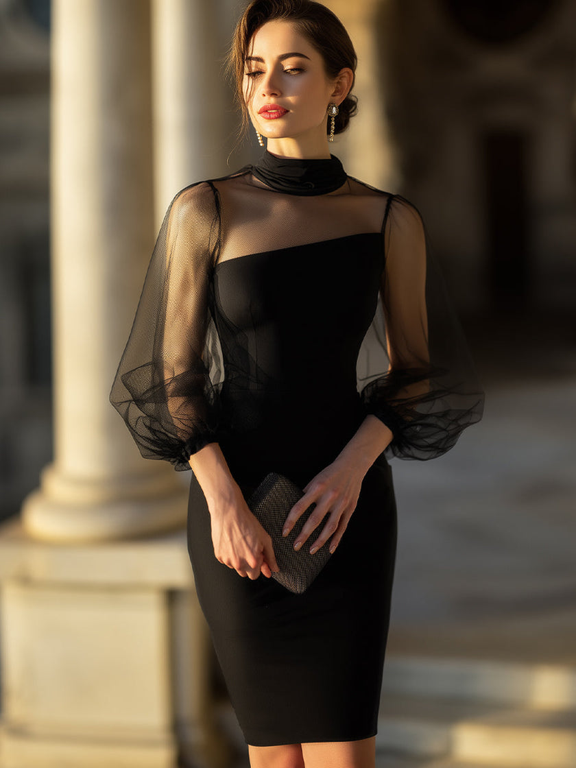 FJØRNA sheer-sleeve high-neck cocktail dress for women, elegant black dress with sheer long sleeves and fitted silhouette.