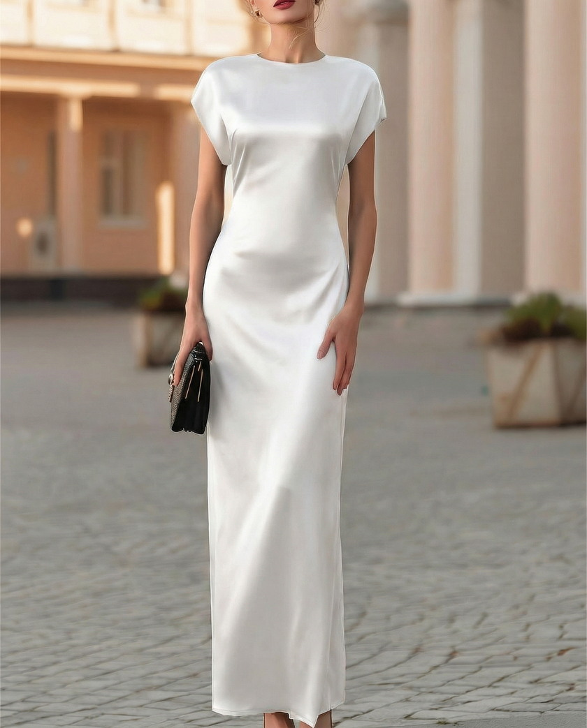 FJØRNA elegant black satin waist-tie column midi dress for women, featuring a sleek design with a fitted silhouette and waist tie detail.