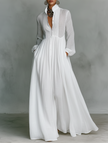 White FJØRNA stand collar button long sleeve maxi dress featuring a flowing silhouette and elegant design.