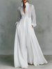 White FJØRNA stand collar button long sleeve maxi dress featuring a flowing silhouette and elegant design.
