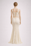 FJØRNA women's champagne ruched crop top and mermaid skirt set, square neck dress, elegant evening wear, stylish and fitted.