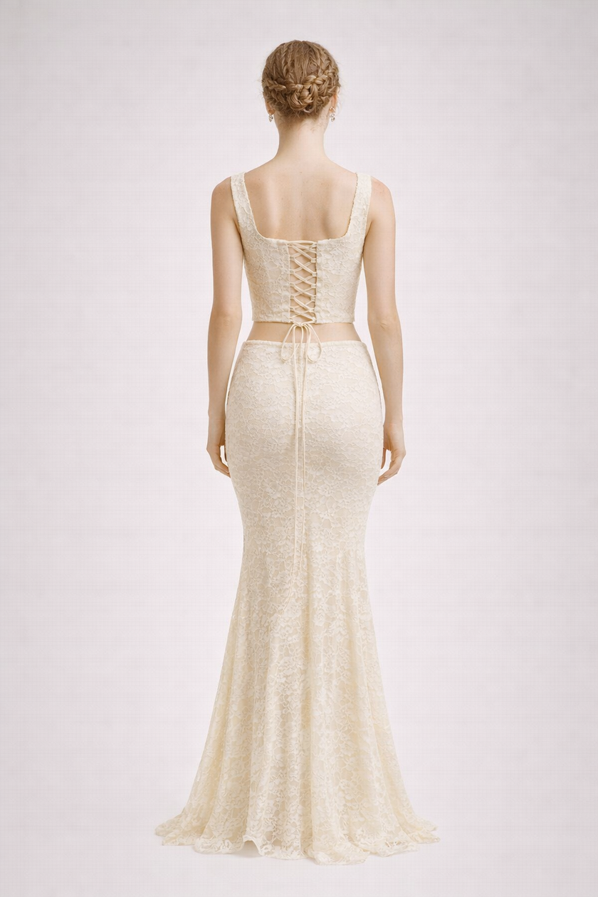 FJØRNA women's champagne ruched crop top and mermaid skirt set, square neck dress, elegant evening wear, stylish and fitted.