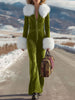 Rose red velvet faux fur collar flared jumpsuit for women by FJØRNA, featuring stylish wide-leg pants and luxurious fabric.