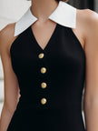 FJØRNA black sleeveless halter mini dress with white collar detail, stylish women’s dress, perfect for casual or semi-formal wear.