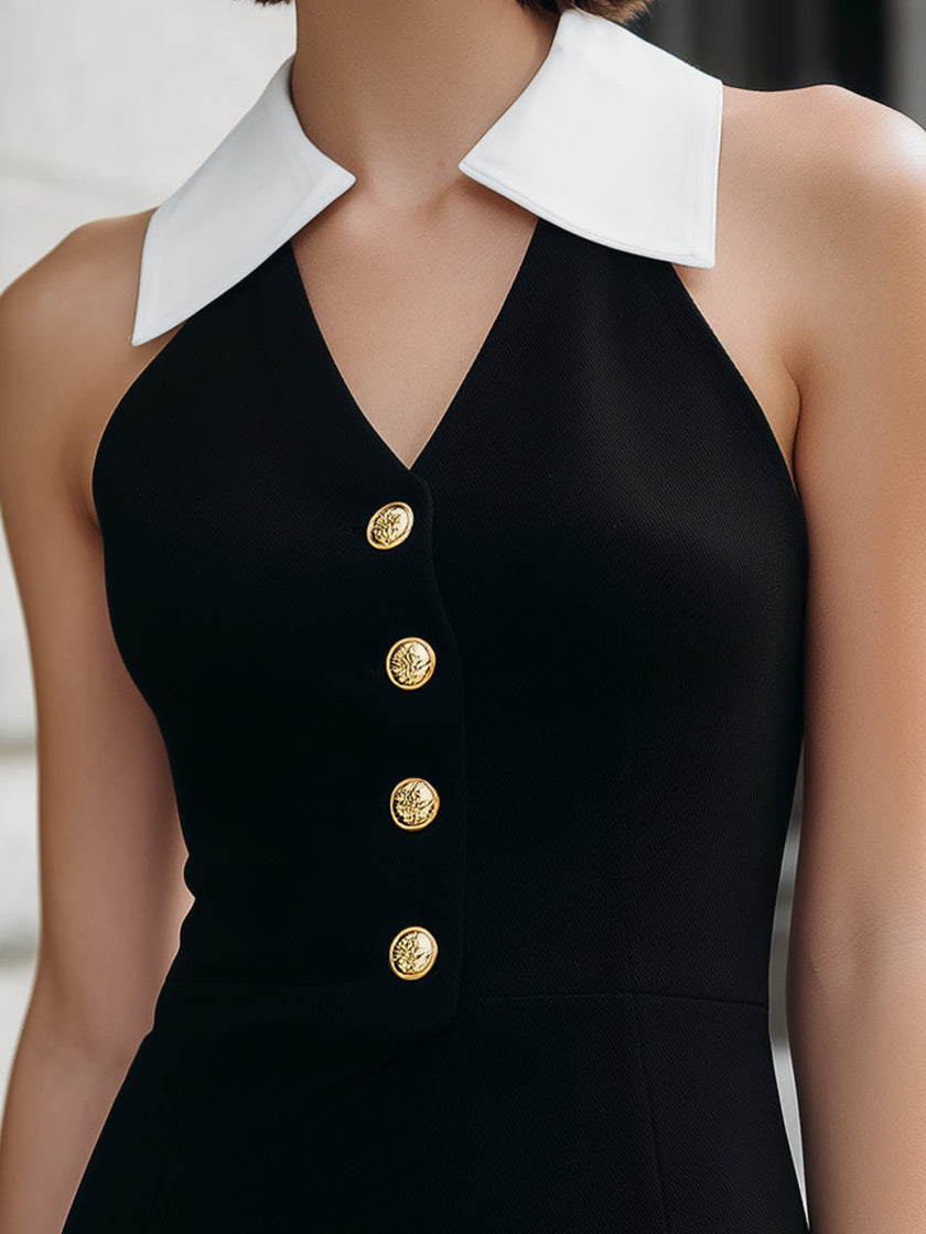 FJØRNA black sleeveless halter mini dress with white collar detail, stylish women’s dress, perfect for casual or semi-formal wear.