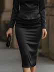 FJØRNA satin gathered-neck ruched-waist pencil dress for women, elegant dress with a fitted silhouette and gathered neckline.