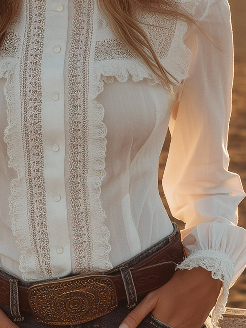 White lace Western button-down shirt for women by FJØRNA, featuring intricate lace details and classic Western style.