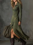 FJØRNA Bohemian washed cotton midi dress with half-zip and hem slit, women's casual fashion dress, relaxed and stylish.