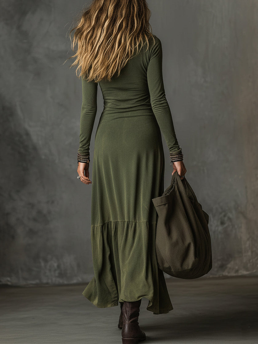 FJØRNA bohemian washed cotton half-zip midi dress with hem slit, casual women's dress featuring relaxed fit and earthy tones.