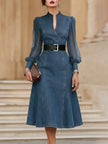 FJØRNA stylish denim dress with sheer organza sleeve panels, featuring a modern and elegant design perfect for casual or semi-formal wear.