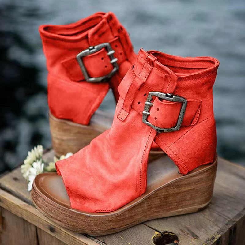 FJØRNA ELANA orthopedic boho wedge sandals featuring woven straps and chunky heel, stylish and supportive footwear for warm weather.