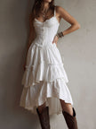 White lace midi dress by FJØRNA featuring a casual, elegant design with delicate lace details and a fitted silhouette.