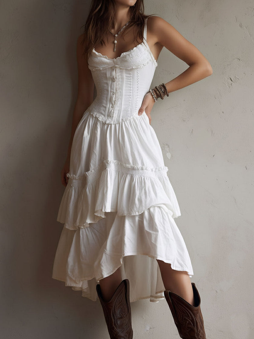 White lace midi dress by FJØRNA featuring a casual, elegant design with delicate lace details and a fitted silhouette.