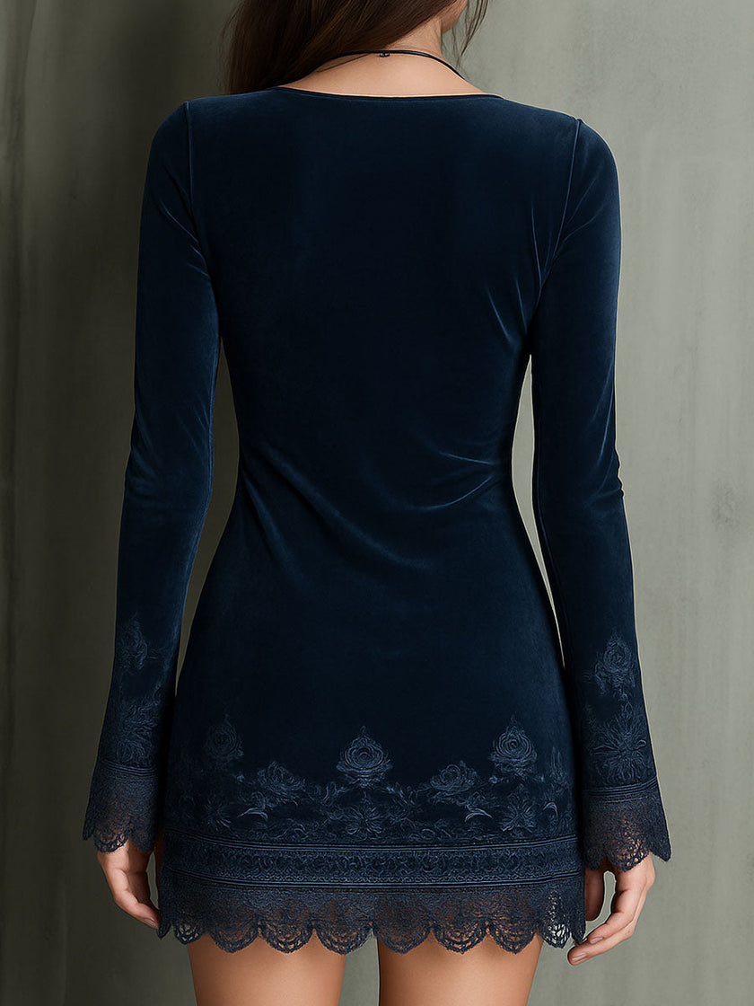 FJØRNA women's mini velvet dress with embroidery bell sleeves and lace details, stylish and elegant for special occasions