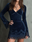FJØRNA embroidery bell sleeves velvet mini dress with lace detailing, stylish women's dress featuring floral embroidery and bell sleeves.