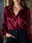 FJØRNA women's satin blouse with long sleeves in burgundy and navy, stylish and elegant tops for women.
