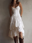FJØRNA white lace midi dress with a casual style, featuring intricate lace details and a flowing midi length.