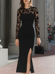 FJØRNA black mermaid midi dress with floral lace sheer sleeves and fitted silhouette, elegant evening dress for formal occasions
