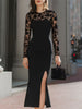 FJØRNA black mermaid midi dress with floral lace sheer sleeves and fitted silhouette, elegant evening dress for formal occasions