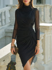 FJØRNA ruched mock neck midi dress for women with sheer sleeves, form-fitting sheath style perfect for elegant occasions.