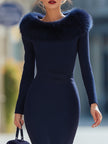 FJØRNA navy midi dress with faux fur collar, elegant evening dress featuring a fitted silhouette and stylish details.
