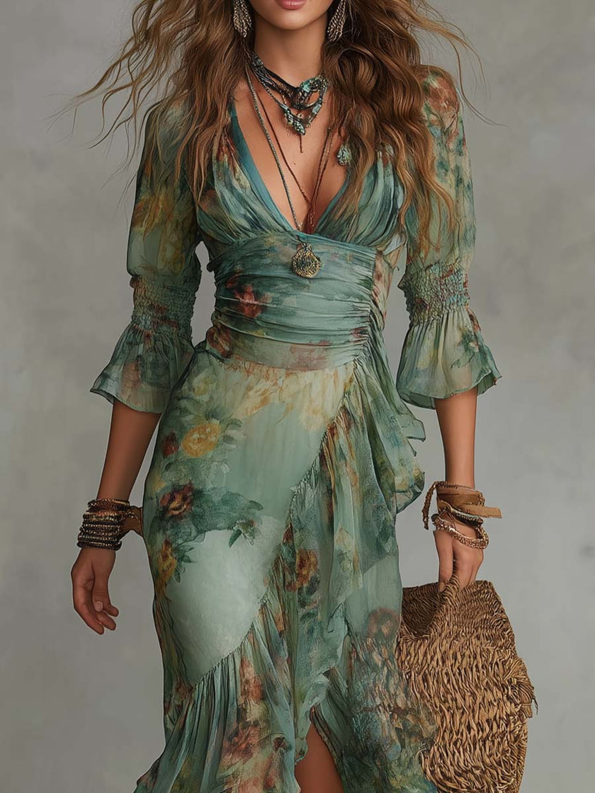 FJØRNA women's wrap dress featuring a fitted waist, long sleeves, and elegant flowy fabric perfect for casual or formal wear.