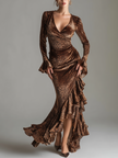 FJØRNA leopard velvet wrap maxi dress with ruffled hem and flared sleeves, showcasing a luxurious, stylish design.
