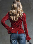 FJØRNA Cocoa Brown Velvet V-Neck Ruffled Long Sleeve Blouse with feminine ruffle details and soft velvet fabric.