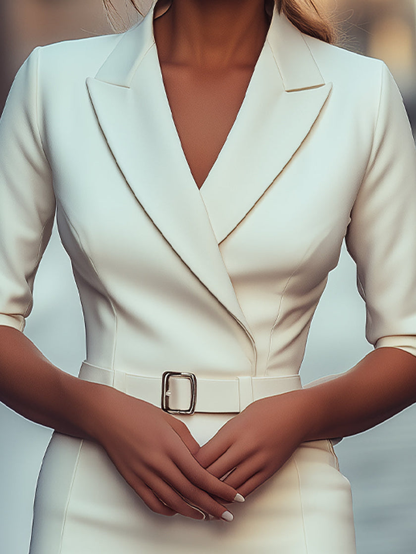 FJØRNA white tailored blazer dress with belt, featuring a sleek fit and classic lapel, perfect for sophisticated women's fashion.