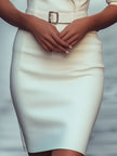 FJØRNA white tailored blazer dress with belt, featuring a sleek design and structured fit, perfect for stylish women’s occasions.