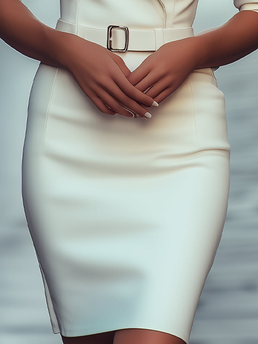 FJØRNA white tailored blazer dress with belt, featuring a sleek design and structured fit, perfect for stylish women’s occasions.