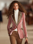 FJØRNA pink velvet leopard print blazer with one-button closure, stylish jackets and blazers for women, close-up of the fabric and design