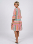 FJØRNA women's summer dress with geometric tiered design, sleeveless style, and vibrant fabric for warm weather.