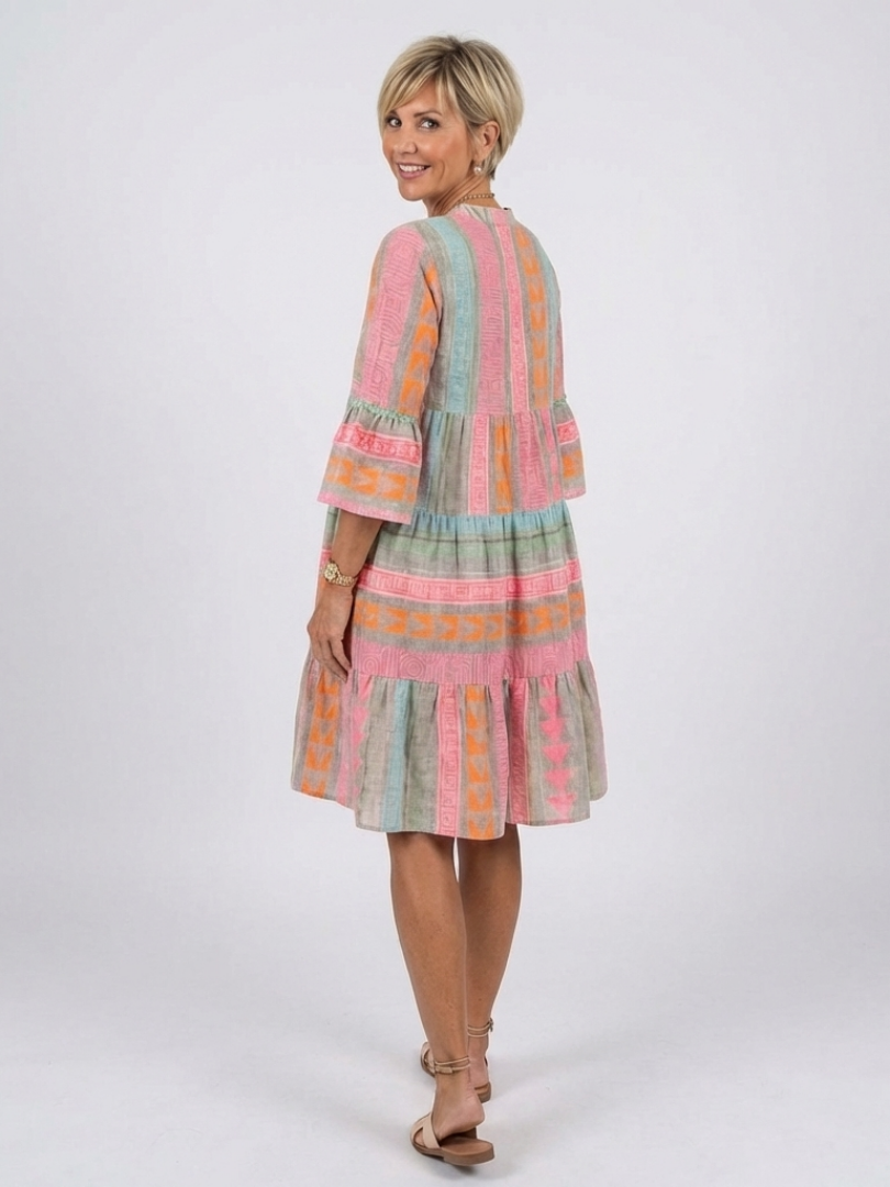 FJØRNA women's summer dress with geometric tiered design, sleeveless style, and vibrant fabric for warm weather.