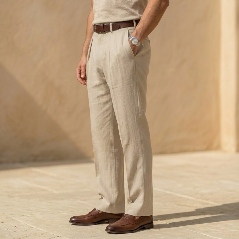 Men's linen blend straight leg trousers by FJØRNA with pleats and relaxed fit, shown in a light, natural fabric finish.