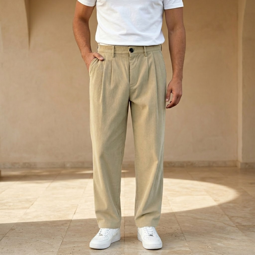 Men’s FJØRNA straight leg corduroy trousers, casual men's pants with a relaxed fit and textured fabric.