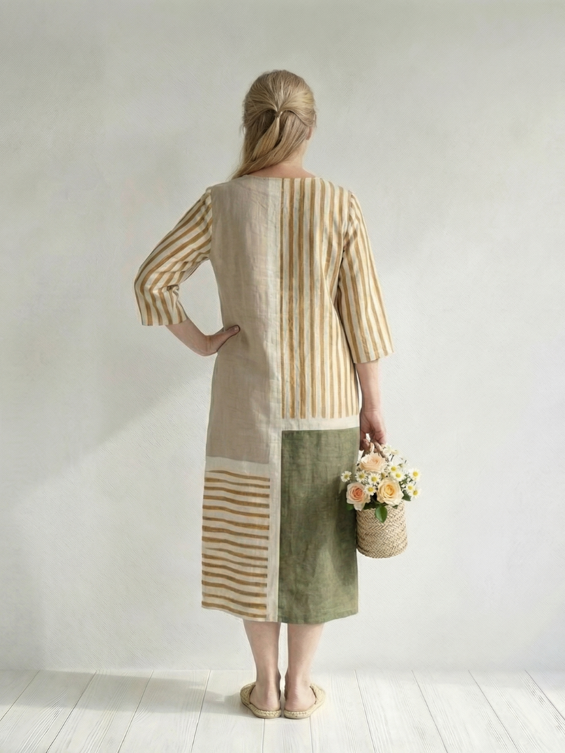 FJØRNA women's summer midi dress with long sleeves and striped wrap design, featuring a flattering fit and lightweight fabric.