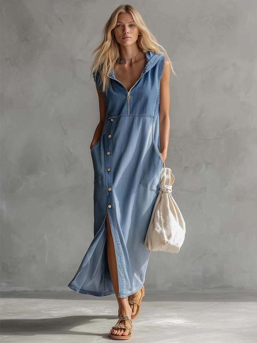 Blue Denim V-Neck Midi Dress | Casual Dress