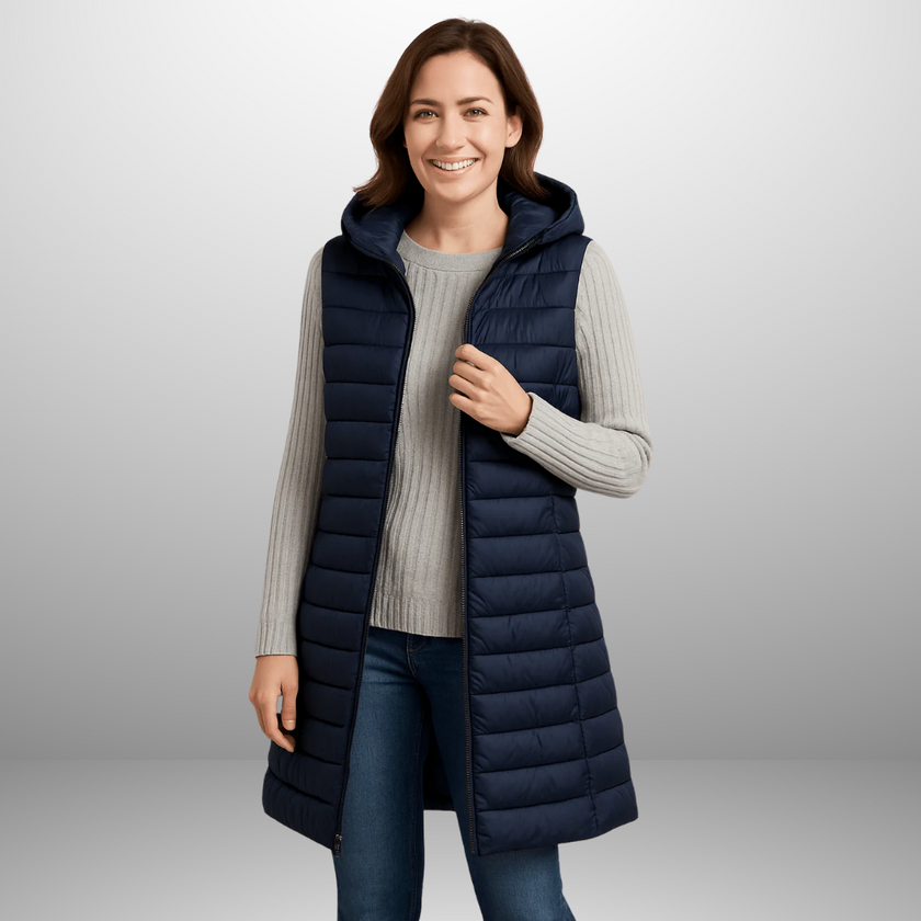 Amalie – Long Hooded Puffer Vest for Women in Modern Fit