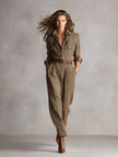 FJØRNA women's tweed texture plaid jumpsuit with collared V-neck, utility pockets, and pants style, shown from the front.