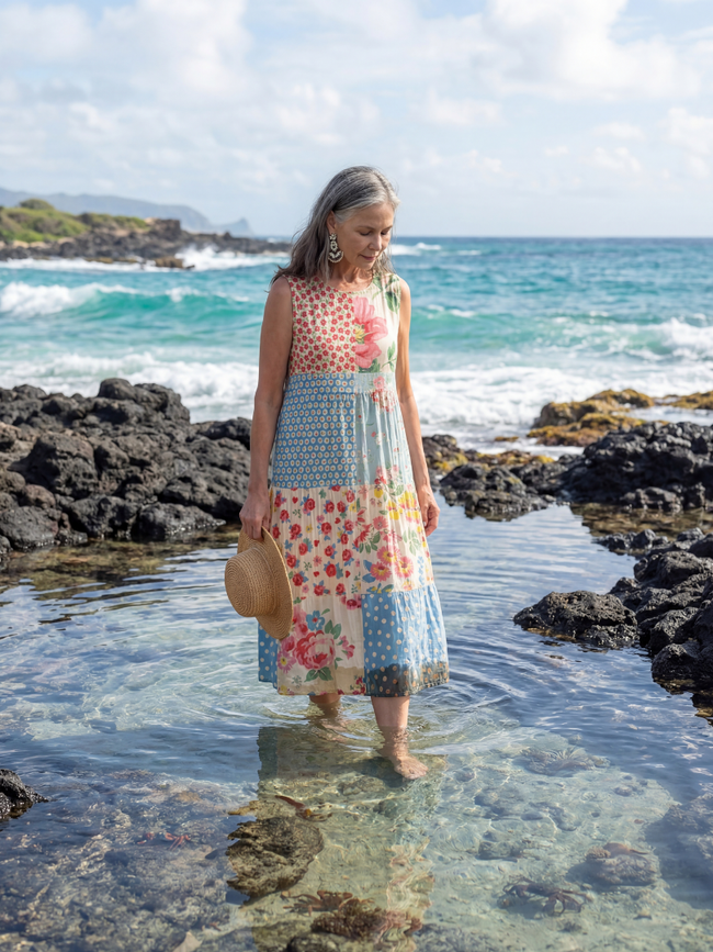 FJØRNA summer midi dress for women with floral pattern, short sleeves, flowy fit, perfect for warm weather.
