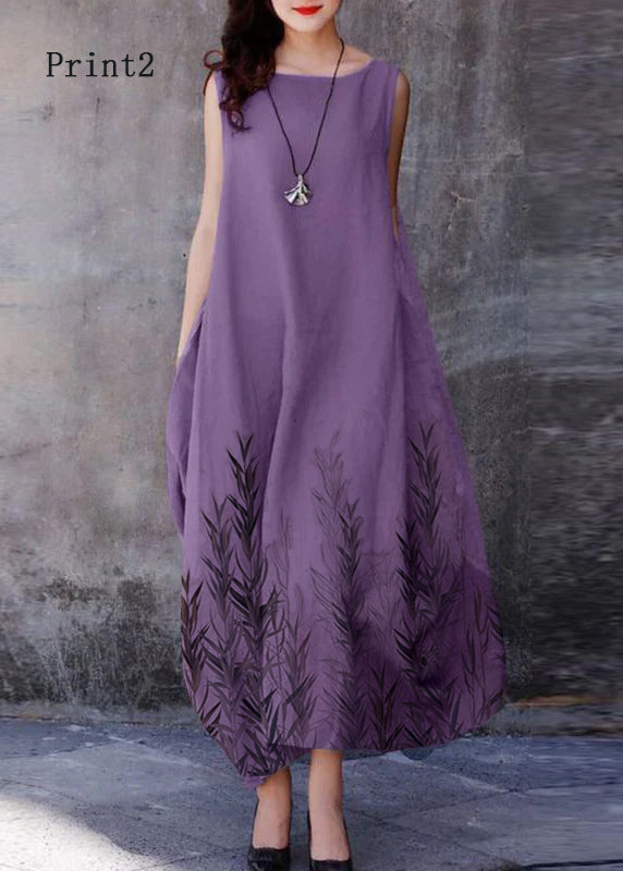 FJØRNA bohemian purple sleeveless cotton dress with O-neck and oversized hem, perfect for casual or wedding occasions