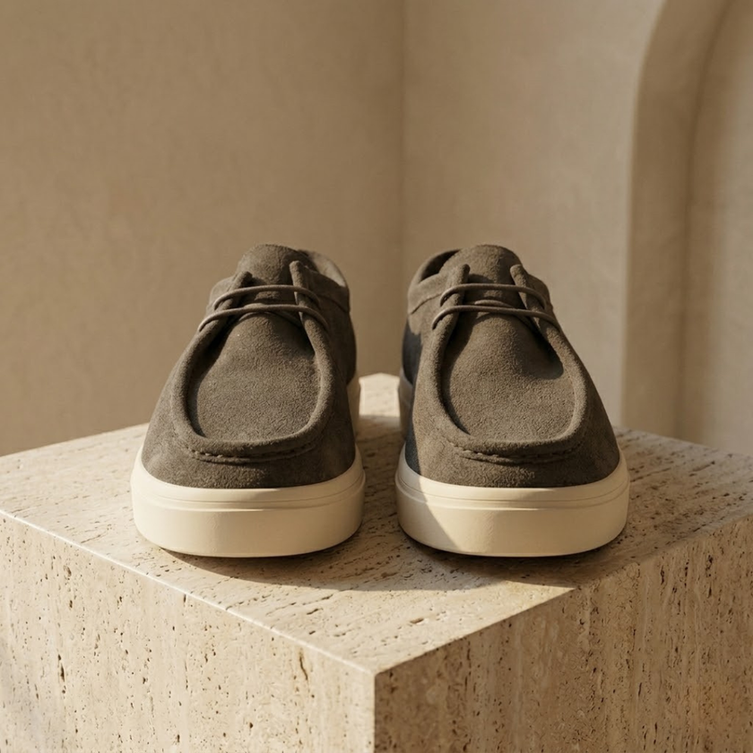 FJØRNA men's suede lace-up loafers showing classic slip-on design with soft suede material and stylish stitching details.