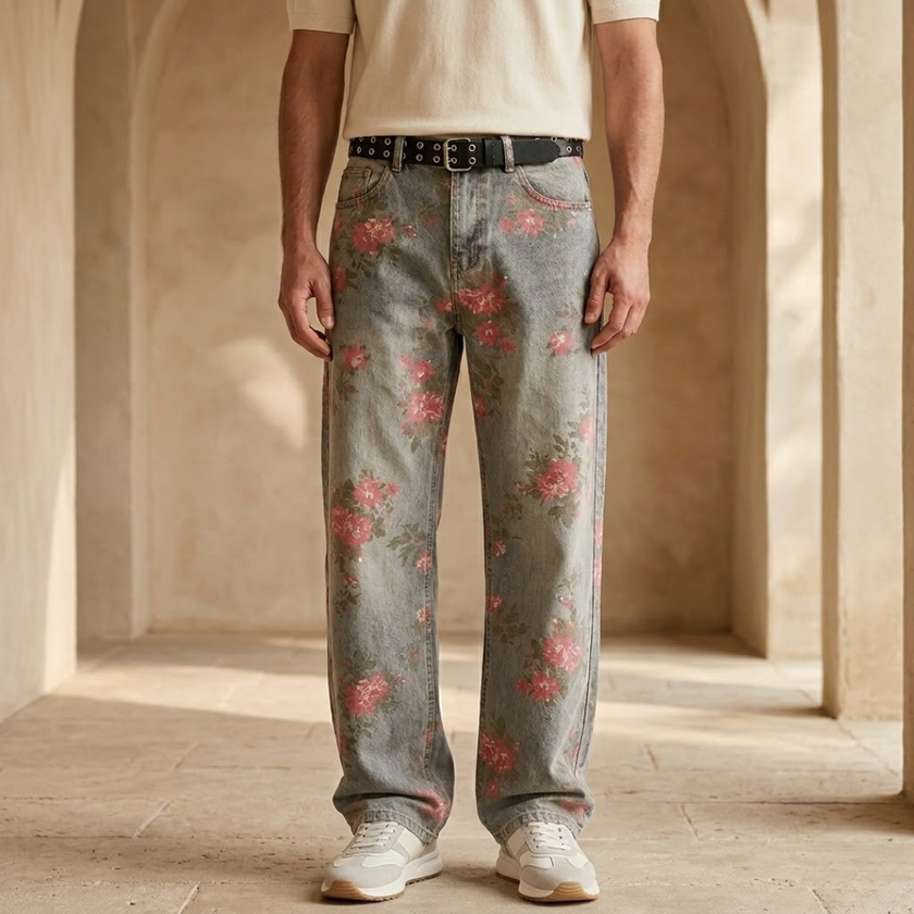 Relaxed fit men's denim jeans by FJØRNA, baggy style with classic blue wash and casual design, front view.