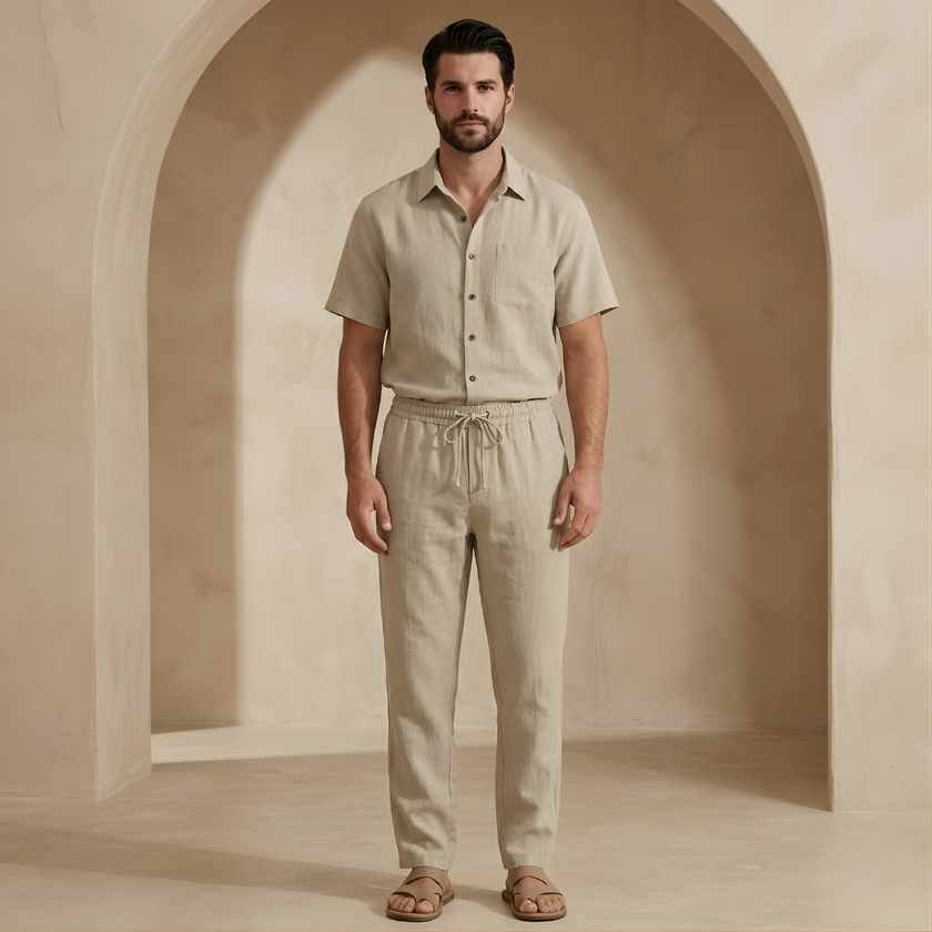 FJØRNA women's linen co-ord set with shirt and trousers, lightweight summer outfit in soft linen fabric.