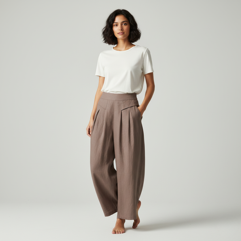 Liam - Stones Plain Color Cotton Linen High Waist Wide Leg Pants With Pockets