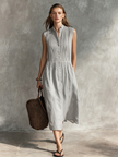 Women's casual grey cotton-linen sleeveless midi dress by FJØRNA, featuring a round neckline and relaxed fit.
